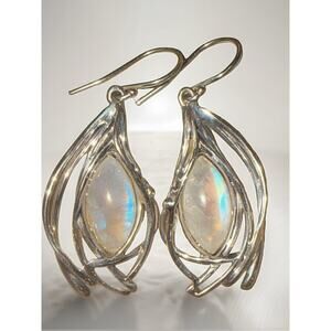 Hagit Gorali Sterling Silver Moonstone Drop Earrings, Israel Signed, Artisan